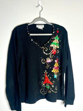 Jack B. Quick Vintage Grandma Ugly Christmas Blouse Beaded Festive Holiday XL